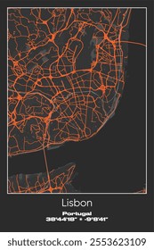 Editable vector poster map of Lisbon, Portugal, showcasing detailed street layouts, main roads, neighborhoods, and landmarks in Gray, Black, Orange colors.