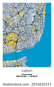 Editable vector poster map of Lisbon, Portugal, showcasing detailed street layouts, main roads, neighborhoods, and landmarks in Blue, Gray, Yellow, Olive colors.