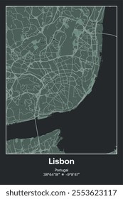 Editable vector poster map of Lisbon, Portugal, showcasing detailed street layouts, main roads, neighborhoods, and landmarks in Dark gray, Gray, Green, gray-green colors.