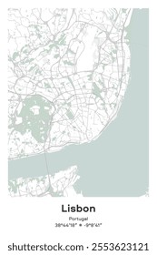 Editable vector poster map of Lisbon, Portugal, showcasing detailed street layouts, main roads, neighborhoods, and landmarks in Pastel, Gray, White, Green colors.