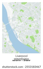 Editable vector poster map of Liverpool, United Kingdom, showcasing detailed street layouts, main roads, neighborhoods, and landmarks in Gray, white, green, blue colors.