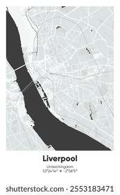 Mapa de cartaz vetorial editável de Liverpool, Reino Unido, mostrando detalhados layouts de rua, principais estradas, bairros e pontos de referência em cores cinzentas, pretas, brancas e brancas.