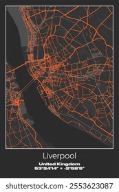 Editable vector poster map of Liverpool, United Kingdom, showcasing detailed street layouts, main roads, neighborhoods, and landmarks in Gray, Black, Orange colors.