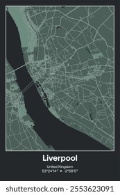 Editable vector poster map of Liverpool, United Kingdom, showcasing detailed street layouts, main roads, neighborhoods, and landmarks in Dark gray, Gray, Green, gray-green colors.