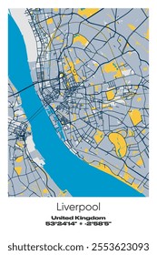 Editable vector poster map of Liverpool, United Kingdom, showcasing detailed street layouts, main roads, neighborhoods, and landmarks in Blue, Gray, Yellow, Olive colors.