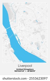 Editable vector poster map of Liverpool, United Kingdom, showcasing detailed street layouts, main roads, neighborhoods, and landmarks in Gray, white, blue colors.