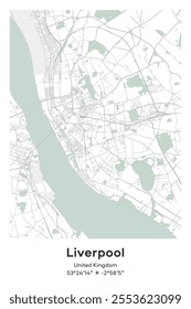 Editable vector poster map of Liverpool, United Kingdom, showcasing detailed street layouts, main roads, neighborhoods, and landmarks in Pastel, Gray, White, Green colors.