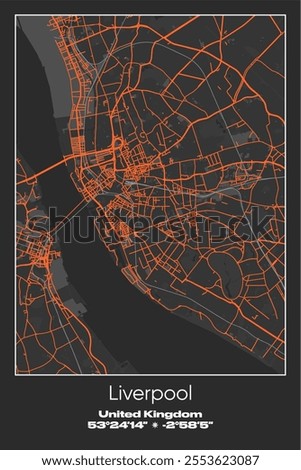 Editable vector poster map of Liverpool, United Kingdom, showcasing detailed street layouts, main roads, neighborhoods, and landmarks in Gray, Black, Orange colors.
