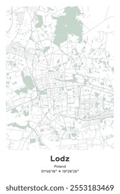 Mapa de pôster vetorial editável de Lodz, Polônia, mostrando detalhados layouts de rua, estradas principais, bairros e pontos de referência em cores Pastel, Cinza, Branco, Verde.