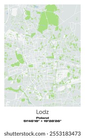 Mapa de pôster vetorial editável de Lodz, Polônia, mostrando detalhados layouts de rua, estradas principais, bairros e pontos de referência em cores cinzentas, brancas, verdes, azuis.