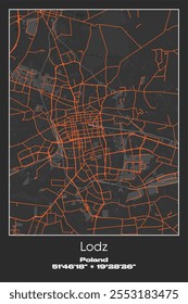 Mapa de pôster vetorial editável de Lodz, Polônia, mostrando detalhados layouts de rua, estradas principais, bairros e pontos de referência em cores cinza, preto, laranja.