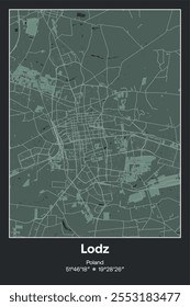 Mapa de pôster vetorial editável de Lodz, Polônia, mostrando detalhados layouts de rua, estradas principais, bairros e pontos de referência em cinza escuro, cinza, verde, cinza-verde cores.