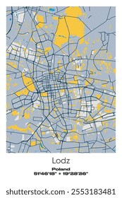 Mapa de pôster vetorial editável de Lodz, Polônia, mostrando detalhados layouts de rua, estradas principais, bairros e pontos de referência em azul, cinza, amarelo, azeitona cores.