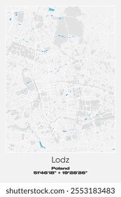 Mapa de pôster vetorial editável de Lodz, Polônia, mostrando detalhados layouts de rua, estradas principais, bairros e pontos de referência em cores cinzentas, brancas e azuis.