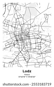 Mapa de pôster vetorial editável de Lodz, Polônia, mostrando detalhados layouts de rua, principais estradas, bairros e pontos de referência em preto, branco, cinza, BW cores.