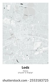 Mapa de pôster vetorial editável de Lodz, Polônia, mostrando detalhados layouts de rua, estradas principais, bairros e pontos de referência em cores cinzentas, pretas, brancas, brancas e brancas.