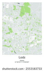 Mapa de pôster vetorial editável de Lodz, Polônia, mostrando detalhados layouts de rua, estradas principais, bairros e pontos de referência em cores cinzentas, azuis, verdes, brancas.