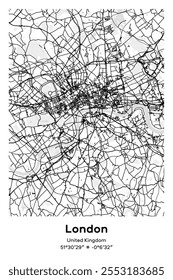 Mapa de pôster vetorial editável de Londres, Reino Unido, mostrando detalhados layouts de rua, principais estradas, bairros e pontos de referência em preto, branco, cinza, BW cores.