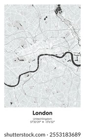 Mapa de pôster vetorial editável de Londres, Reino Unido, mostrando detalhados layouts de ruas, principais estradas, bairros e pontos de referência em cores cinzentas, pretas, brancas, brancas e brancas.