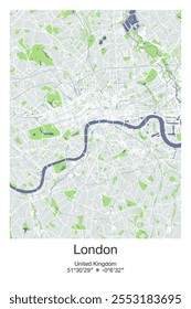 Mapa de pôster vetorial editável de Londres, Reino Unido, mostrando detalhados layouts de rua, principais estradas, bairros e pontos de referência em cores cinzentas, azuis, verdes, brancas.