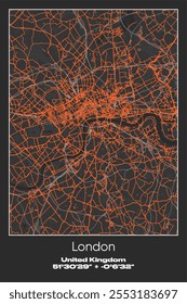 Mapa de pôster vetorial editável de Londres, Reino Unido, mostrando detalhados layouts de rua, principais estradas, bairros e pontos de referência em cores cinza, preto, laranja.