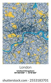 Mapa de pôster vetorial editável de Londres, Reino Unido, mostrando detalhados layouts de ruas, principais estradas, bairros e pontos de referência em azul, cinza, amarelo, azeitona cores.