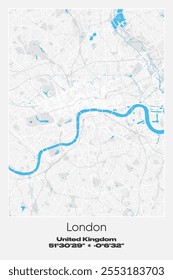 Mapa de pôster vetorial editável de Londres, Reino Unido, mostrando detalhados layouts de rua, principais estradas, bairros e pontos de referência em cores cinzentas, brancas e azuis.