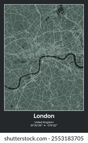 Mapa de pôster vetorial editável de Londres, Reino Unido, mostrando detalhados layouts de rua, estradas principais, bairros e pontos de referência em cinza escuro, cinza, verde, cinza-verde cores.