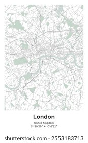 Mapa de pôster vetorial editável de Londres, Reino Unido, mostrando detalhados layouts de rua, principais estradas, bairros e pontos de referência em Pastel, cinza, branco, cores verdes.