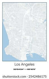 Mapa de pôster vetorial editável de Los Angeles, Califórnia, mostrando detalhados layouts de rua, principais estradas, bairros e pontos de referência em cores cinza, branco, verde e azul.