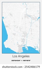 Mapa de pôster vetorial editável de Los Angeles, Califórnia, mostrando detalhados layouts de rua, principais estradas, bairros e pontos de referência em cores cinzentas, brancas e azuis.