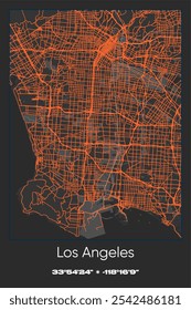 Mapa de pôster vetorial editável de Los Angeles, Califórnia, mostrando detalhados layouts de ruas, principais estradas, bairros e pontos de referência em cores cinza, preto, laranja.