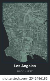 Mapa de pôster vetorial editável de Los Angeles, Califórnia, mostrando detalhados layouts de rua, estradas principais, bairros e pontos de referência em cinza escuro, cinza, verde, cinza-verde cores.