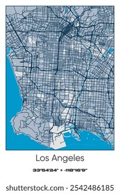 Mapa de pôster vetorial editável de Los Angeles, Califórnia, mostrando detalhados layouts de rua, principais estradas, bairros e pontos de referência em azul, cinza, amarelo, azeitona cores.