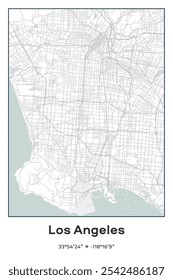 Mapa de pôster vetorial editável de Los Angeles, Califórnia, mostrando detalhados layouts de ruas, principais estradas, bairros e pontos de referência nas cores Pastel, Gray, White, Green.