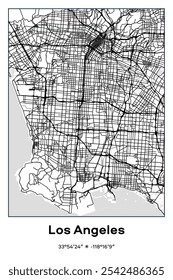 Mapa de pôster vetorial editável de Los Angeles, Califórnia, mostrando detalhados layouts de ruas, principais estradas, bairros e pontos de referência em preto, branco, cores cinzentas.