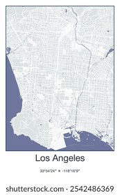 Mapa de pôster vetorial editável de Los Angeles, Califórnia, mostrando detalhados layouts de rua, principais estradas, bairros e pontos de referência em cores cinza, azul, verde, branco.