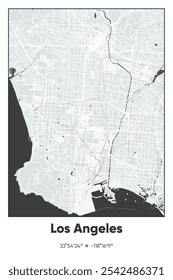 Mapa de pôster vetorial editável de Los Angeles, Califórnia, mostrando detalhados layouts de rua, principais estradas, bairros e pontos de referência em cores cinzentas, pretas e brancas.