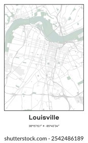 Editable vector poster map of Louisville,Kentucky, showcasing detailed street layouts, main roads, neighborhoods, and landmarks in Pastel, Gray, White, Green colors.