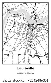 Mapa de pôster vetorial editável de Louisville, Kentucky, mostrando detalhados layouts de rua, principais estradas, bairros e pontos de referência em preto, branco, cores cinzentas.