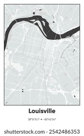 Editable vector poster map of Louisville,Kentucky, showcasing detailed street layouts, main roads, neighborhoods, and landmarks in Gray, Black, White colors.
