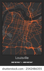 Editable vector poster map of Louisville,Kentucky, showcasing detailed street layouts, main roads, neighborhoods, and landmarks in Gray, Black, Orange colors.
