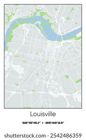 Editable vector poster map of Louisville,Kentucky, showcasing detailed street layouts, main roads, neighborhoods, and landmarks in Gray, white, green, blue colors.