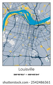Editable vector poster map of Louisville,Kentucky, showcasing detailed street layouts, main roads, neighborhoods, and landmarks in Blue, Gray, Yellow, Olive colors.