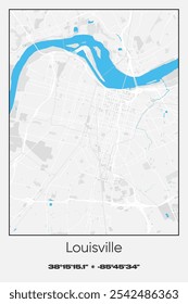 Editable vector poster map of Louisville,Kentucky, showcasing detailed street layouts, main roads, neighborhoods, and landmarks in Gray, white, blue colors.