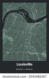 Editable vector poster map of Louisville,Kentucky, showcasing detailed street layouts, main roads, neighborhoods, and landmarks in Dark gray, Gray, Green, gray-green colors.