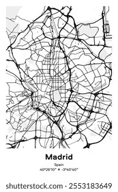 Editable vector poster map of Madrid, Spain, showcasing detailed street layouts, main roads, neighborhoods, and landmarks in Black, white, gray, BW colors.