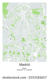 Mapa editável de pôster vetorial de Madrid, Espanha, mostrando detalhados layouts de rua, principais estradas, bairros, e marcos nas cores Cinza, Azul, Verde, Branco.