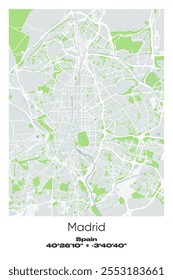 Mapa editável de pôster vetorial de Madrid, Espanha, mostrando detalhados layouts de rua, principais estradas, bairros e pontos de referência em cores cinzentas, brancas, verdes, azuis.