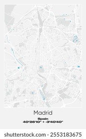 Mapa editável de pôster vetorial de Madrid, Espanha, mostrando detalhados layouts de ruas, principais estradas, bairros e pontos de referência em cores cinzentas, brancas, azuis.